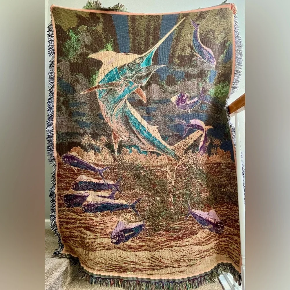 Vintage Guy Harvey Marlin Afghan Tapestry Fringed 48x68 Throw Blanket Rare VTG - Picture 6 of 6